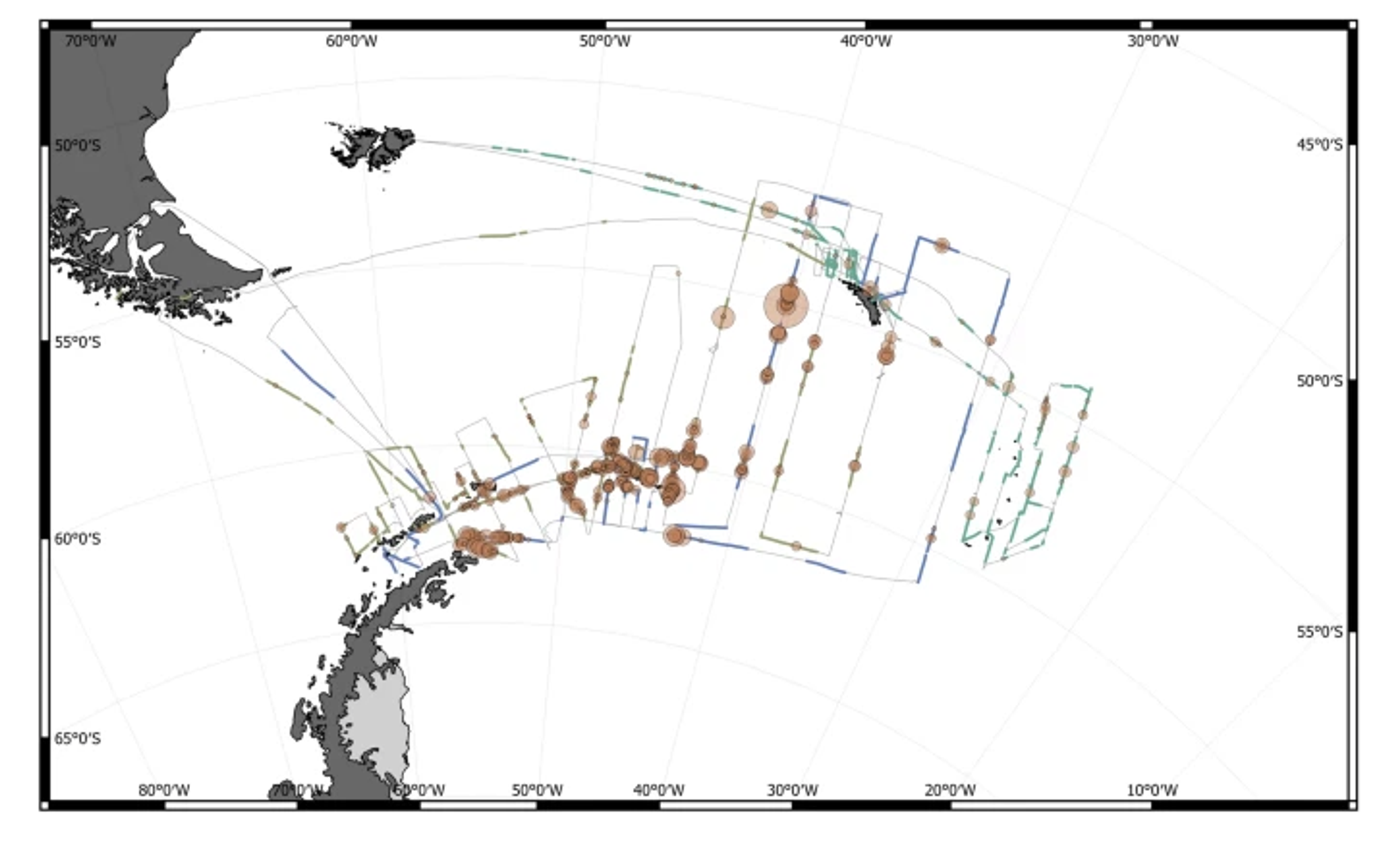 Map showing the routes of three research vessels - R/S Kronprins Haakon (KPH), F/V Cabo de Hornos (CDH) and RRS Discovery (DIS) - that participated in the 2019 Antarctic krill survey in Area 48. The thick lines show when the vessels were actively collecting data (KPH in blue, CDH in light brown and DIS in green). Orange circles show where fin whales were spotted, with larger circles indicating more whales seen together.
