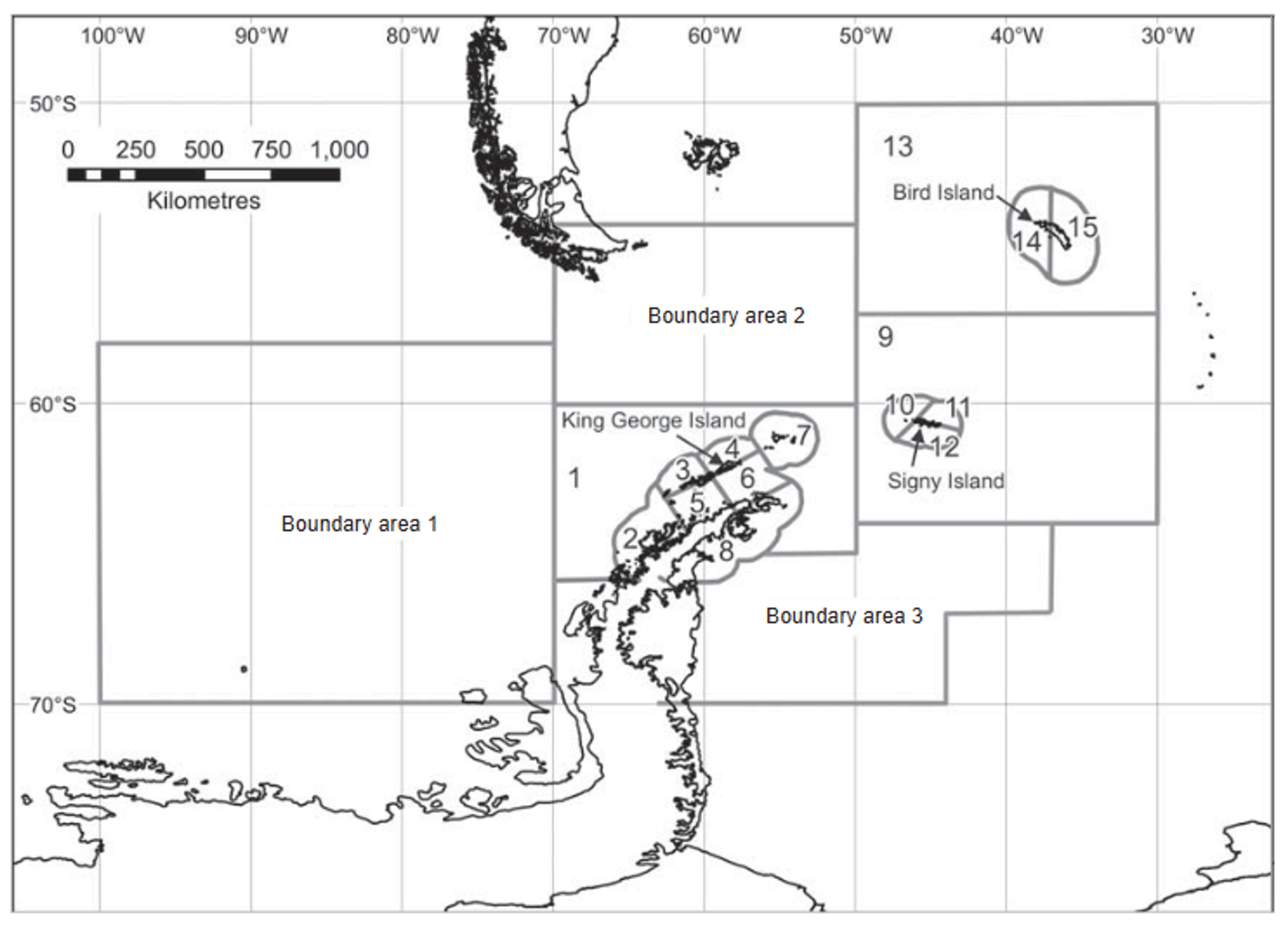 Map of the Scotia Sea-Antarctic Peninsula region showing the small-scale management zones (zone names listed in Table 2), boundary areas, and locations referenced in the study.