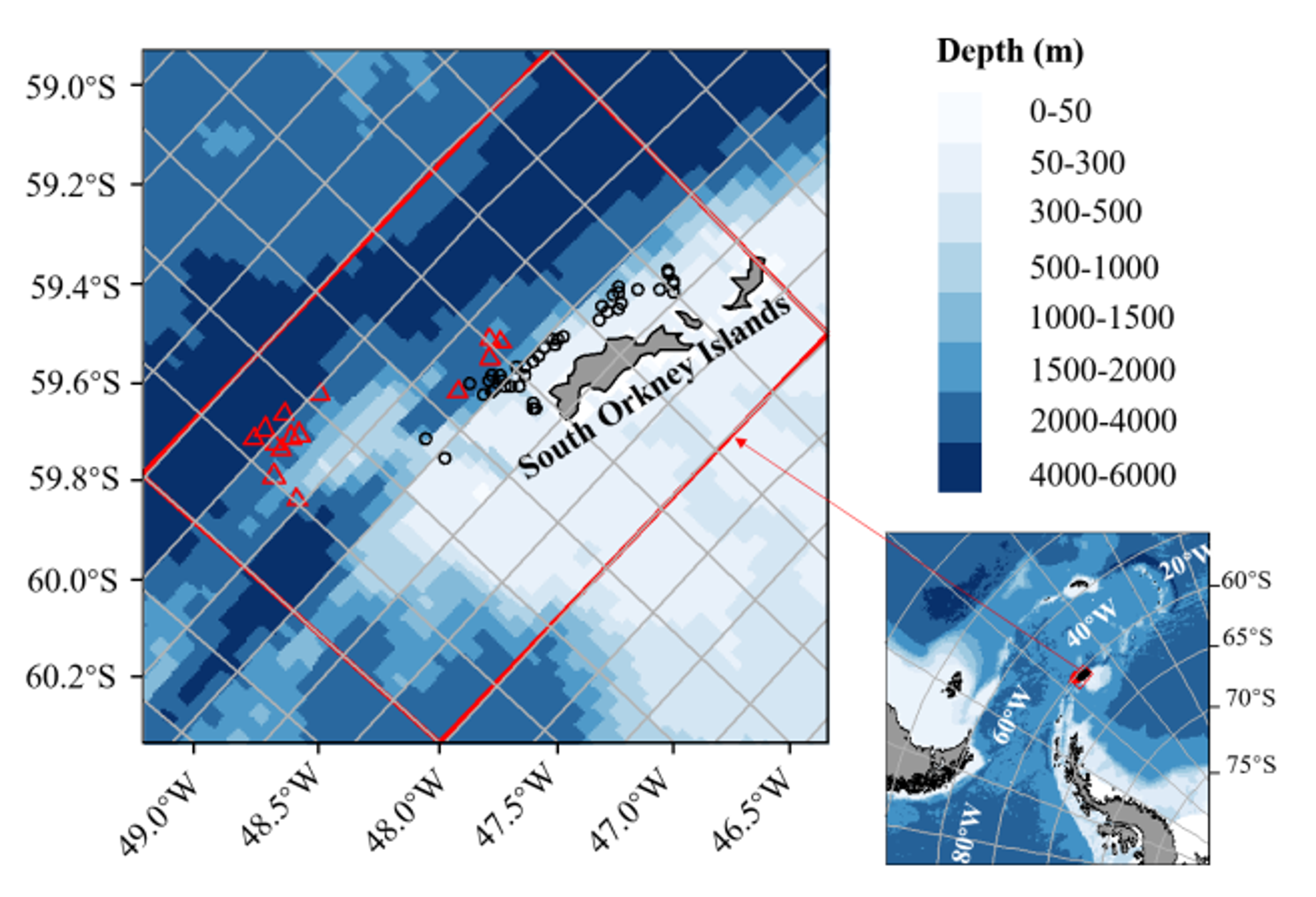 Map showing fishing locations for continuous fishing - with conveyor hose systems (red triangles) and conventional trawling (black dots) conducted by the fishing vessel SHEN LAN in South Orkney Islands waters. Each position on the map represents the midpoint between the starting and ending coordinates of each fishing operation.