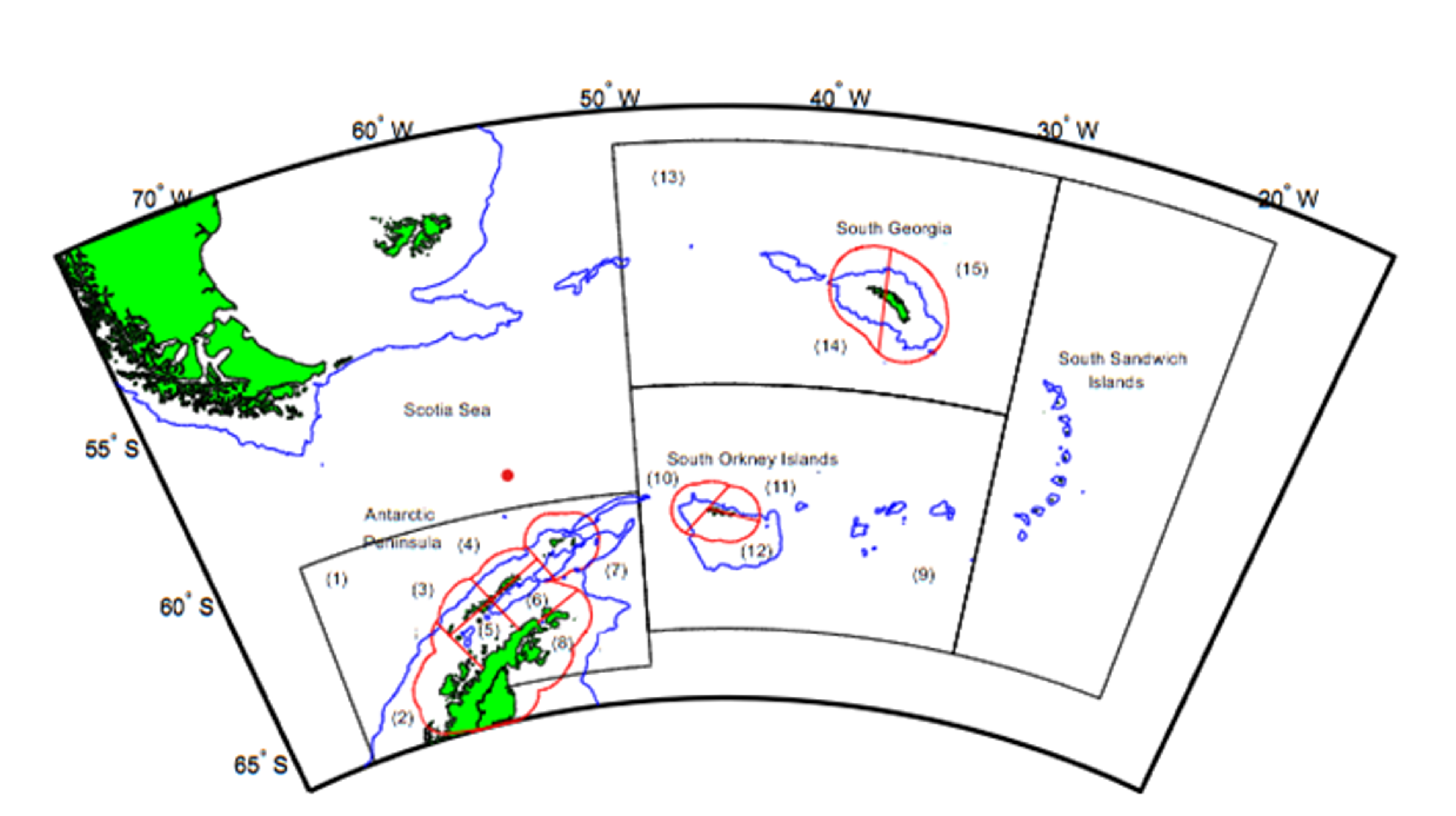 Map showing the 15 small-scale management zones in fishing areas 48.1, 48.2 and 48.3. The 1,000 meter depth line marks the approximate edge of the continental shelf around the island groups in the Scotia Sea. The management zones are: (1) Antarctic Peninsula Open Ocean Area; (2) Antarctic Peninsula West; (3) Drake Passage West; (4) Drake Passage East; (5) Bransfield Strait West; (6) Bransfield Strait East; (7) Elephant Island; (8) Antarctic Peninsula East; (9) South Orkney Open Ocean Area; (10) South Orkney West; (11) South Orkney Northeast; (12) South Orkney Southeast; (13) South Georgia Open Ocean Area; (14) South Georgia West; (15) South Georgia East. Note that the Antarctic Peninsula East zone extends partially into fishing area 48.5.