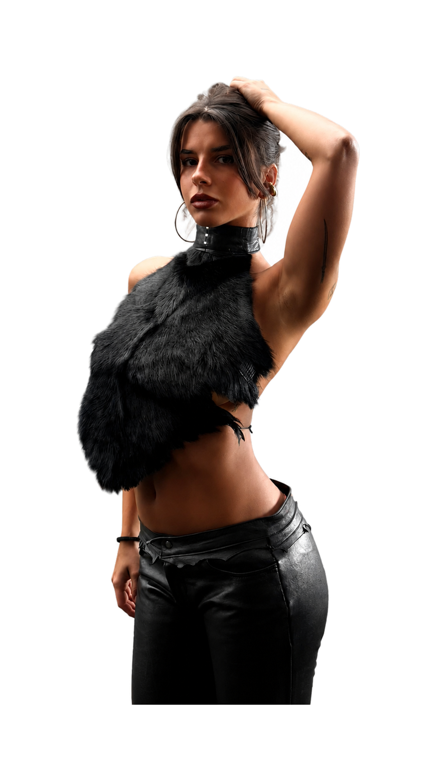 Styrax, the black fur top with its leather collar, cut out on pale ground.