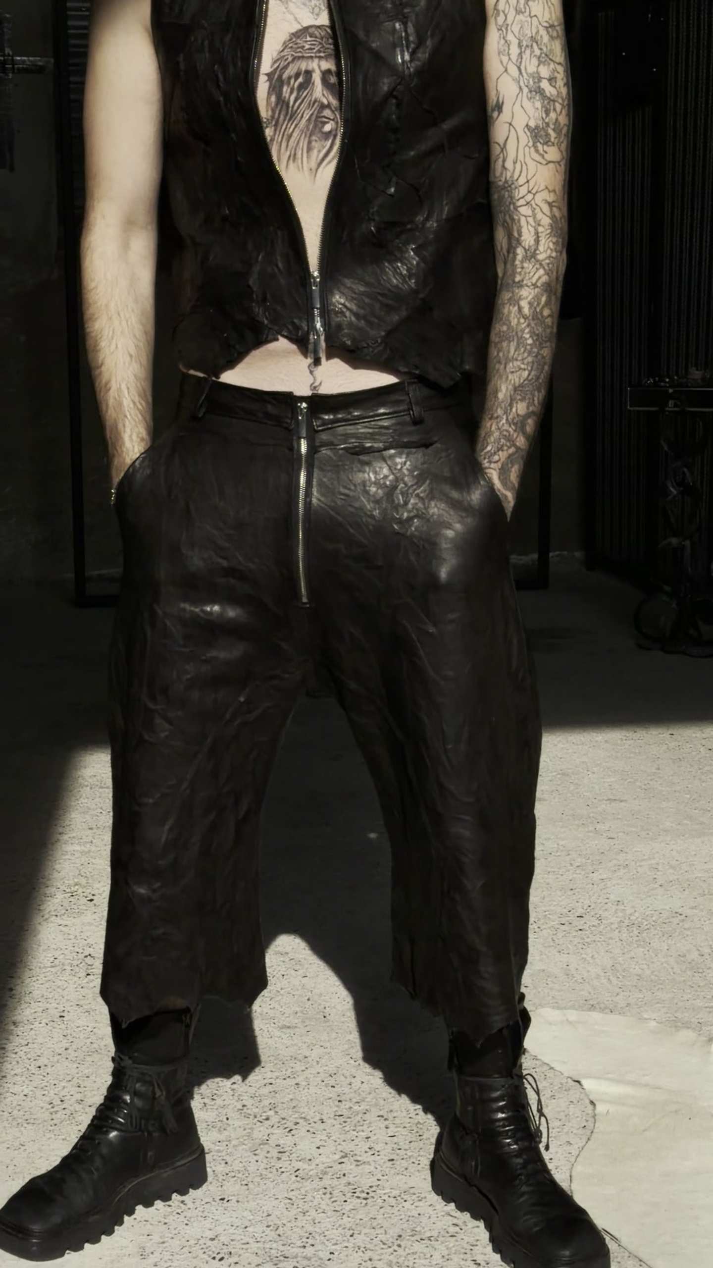 The Monumentus vest being zipped, worn.