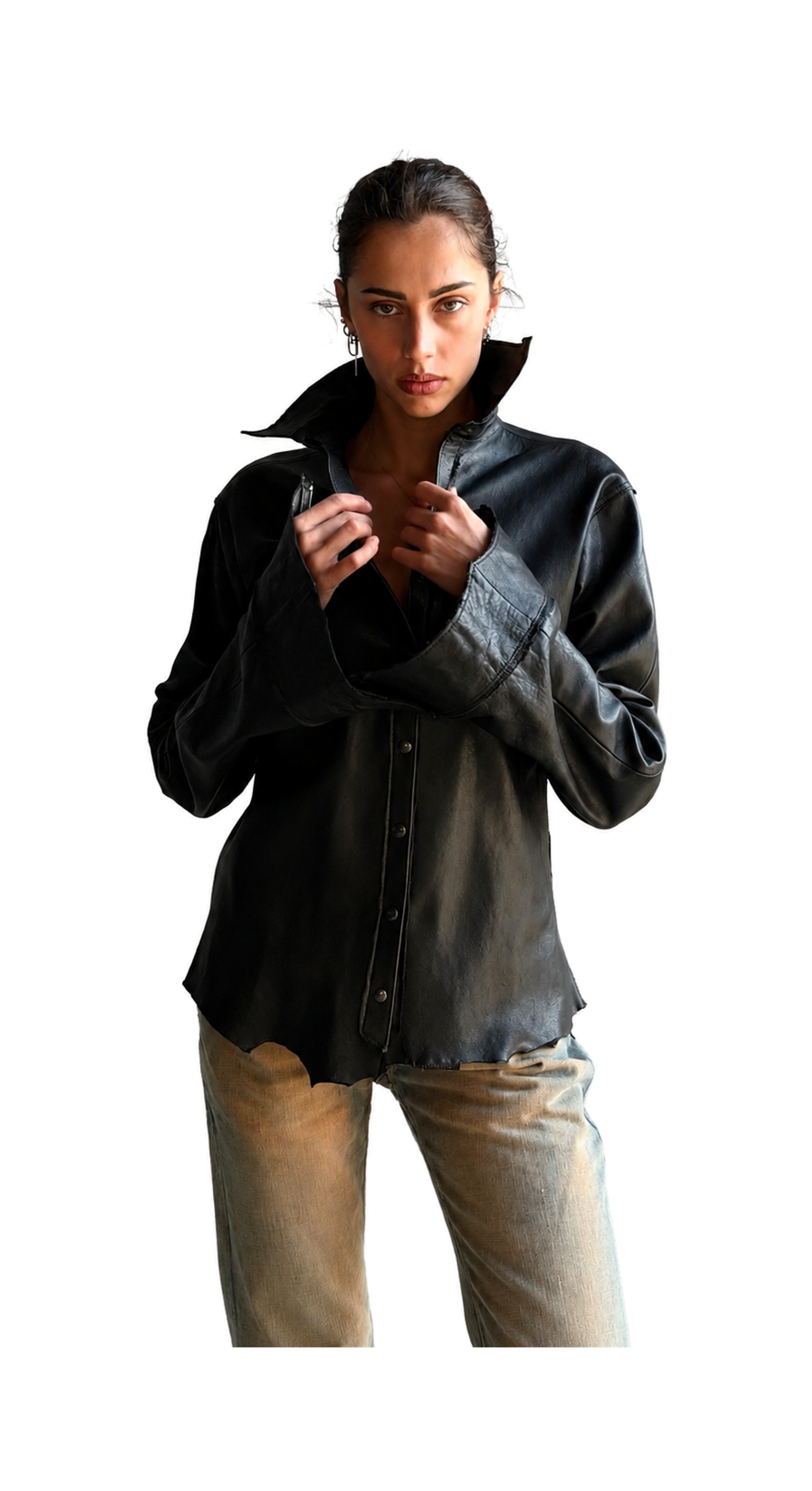 Oblivion, the black leather shirt worn open over jeans, cut out on pale ground.