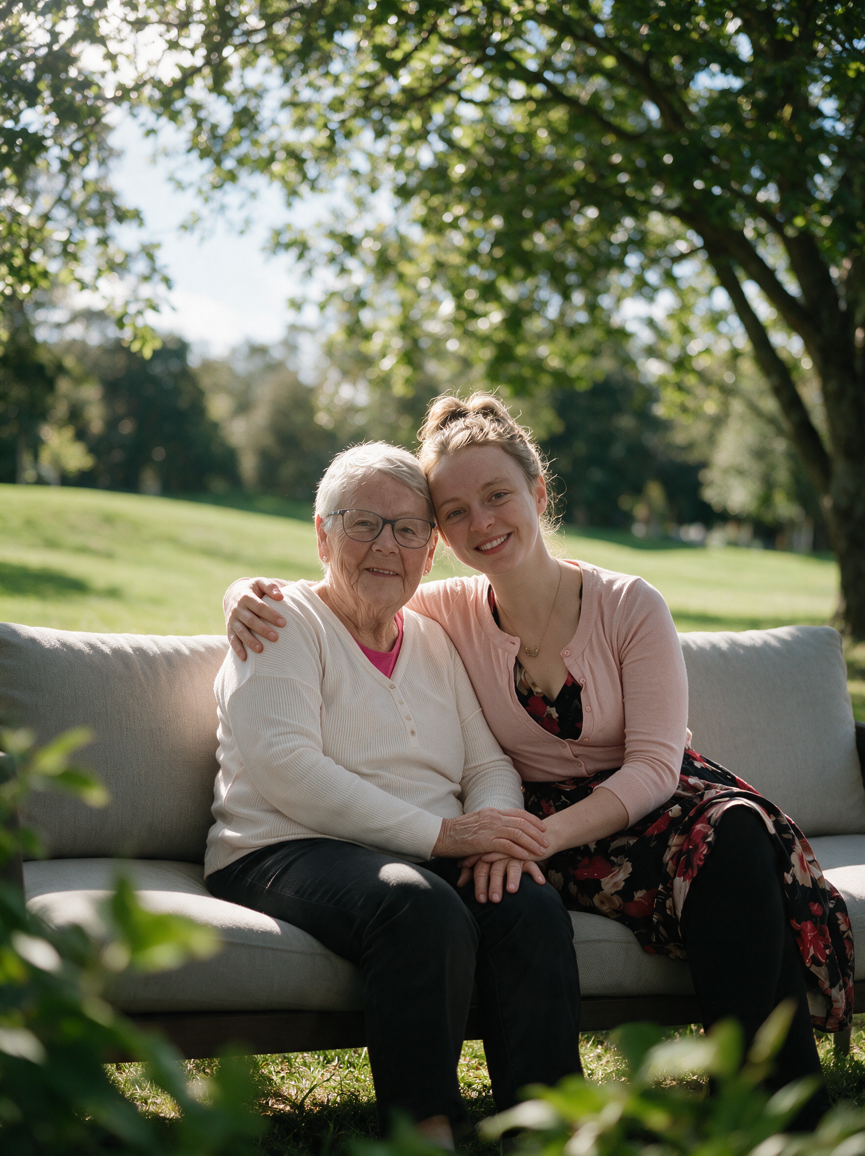 An elderly woman and a younger woman sitting close together on an outdoor couch in a park, smiling at the camera.