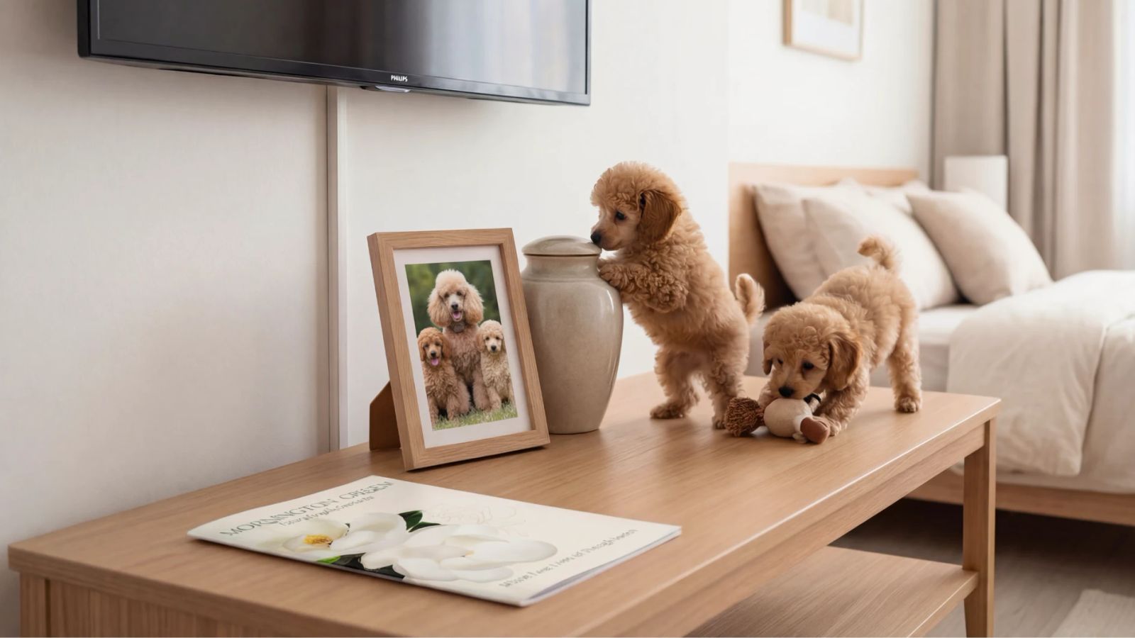 Two playful puppies on a coffee table beside a pet memorial urn and framed dog photo in a cozy living room.