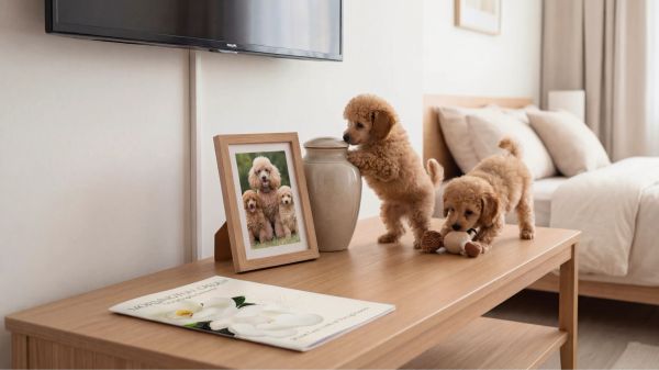 Two playful puppies on a coffee table beside a pet memorial urn and framed dog photo in a cozy living room.