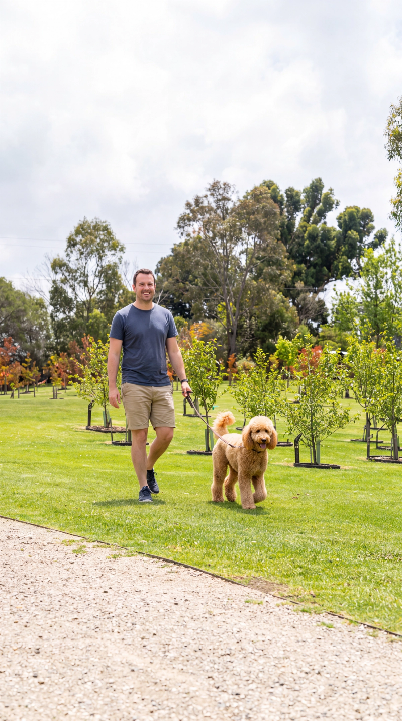 the man walking with his dog in living legacy gardens at mornington green