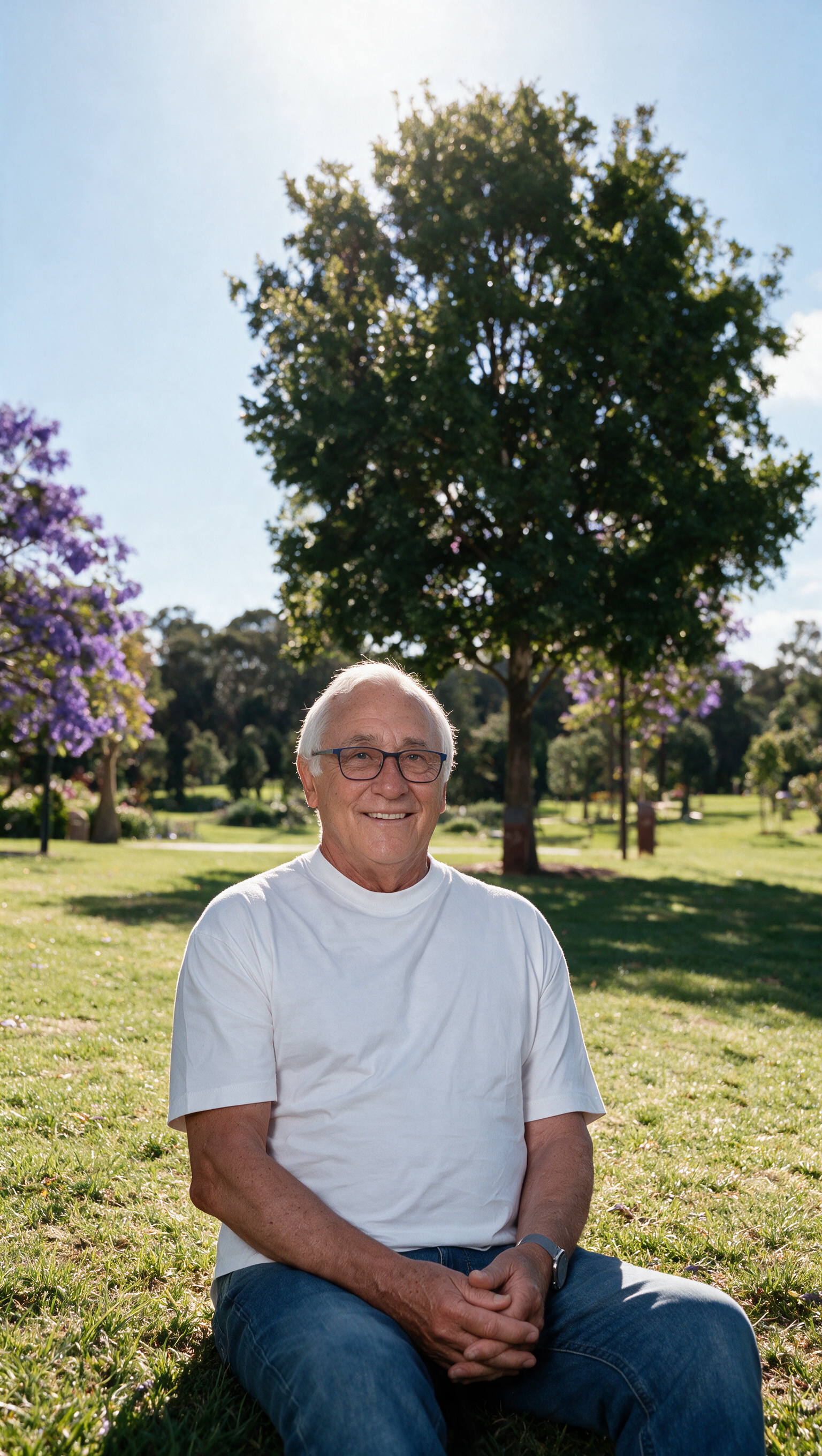Carlo sitting in a park smiling