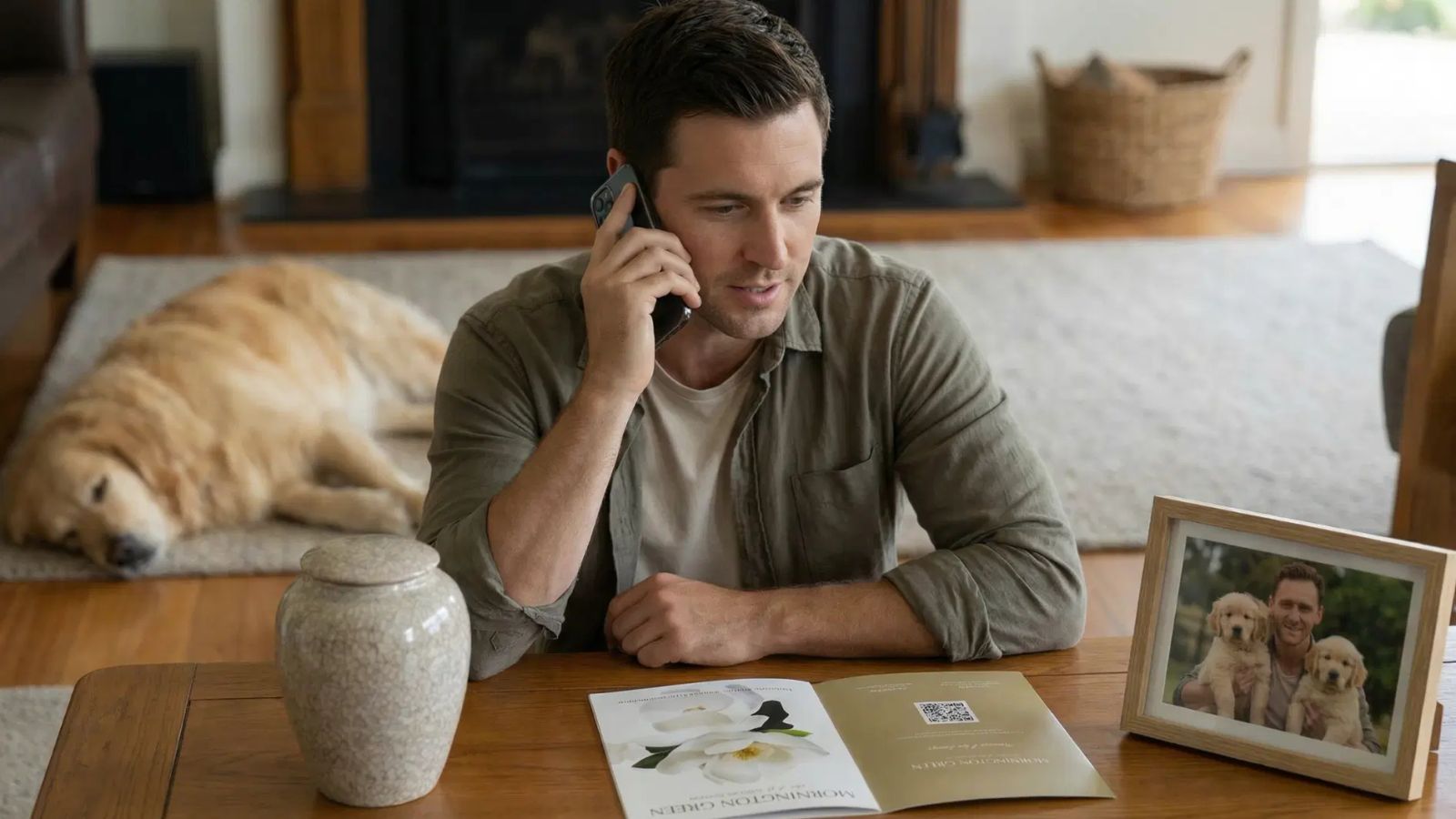 Man making a phone call at home with a cremation urn and Mornington Green brochure on the table