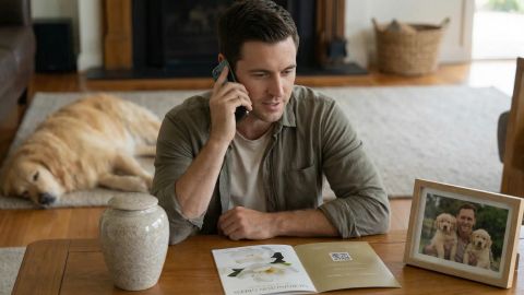 Man making a phone call at home with a cremation urn and Mornington Green brochure on the table