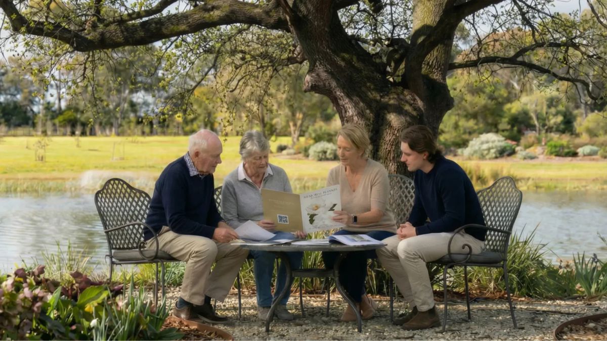 Australian family discussing living memorial tree options as an alternative to traditional burial