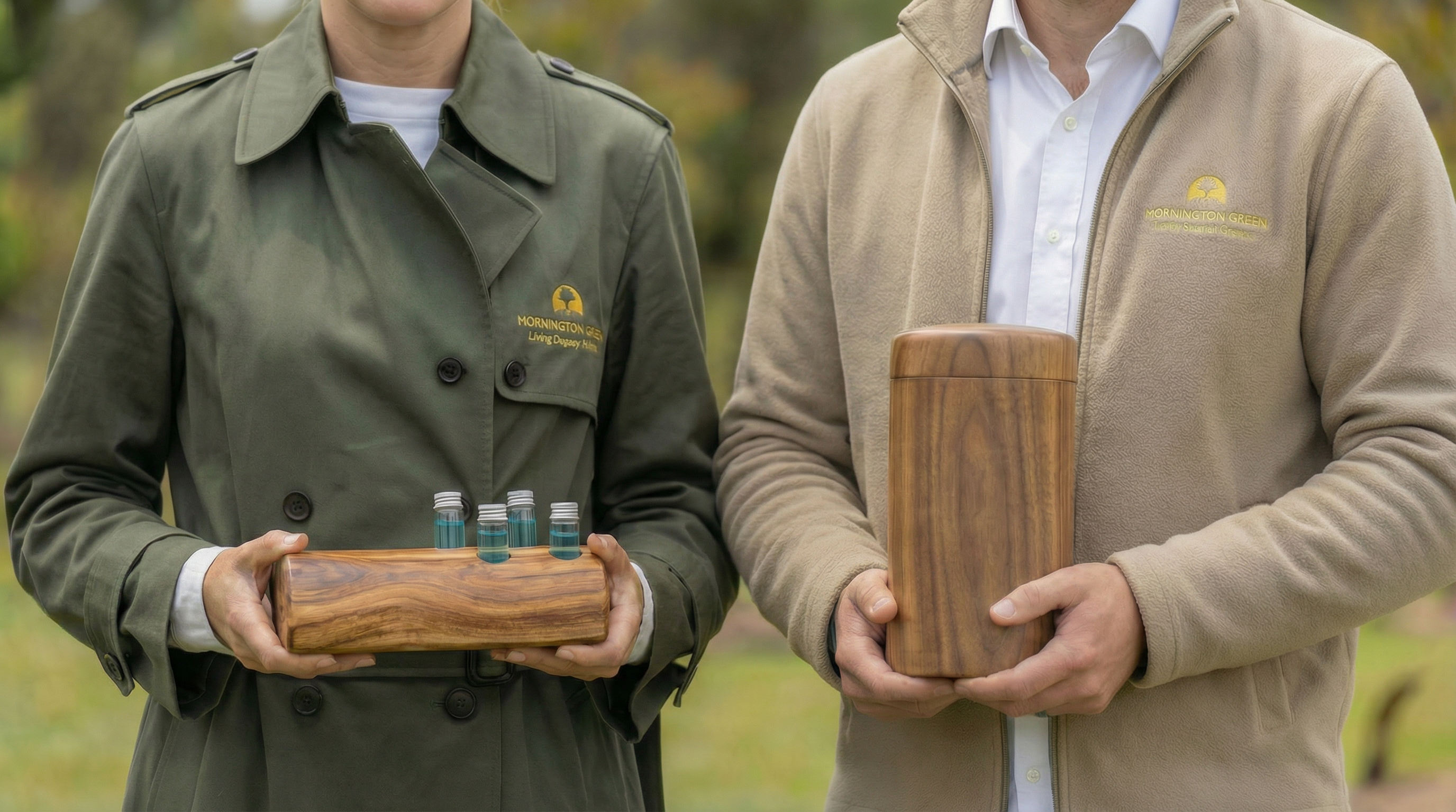 People holding a wooden ash urn and memorial liquid keepsake vials