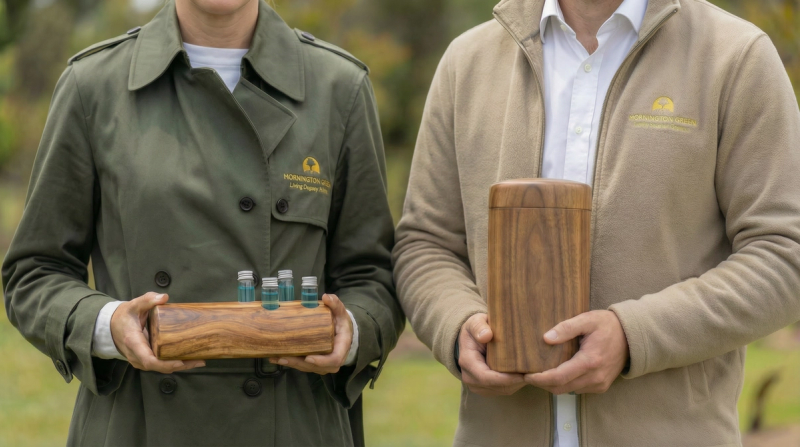 People holding a wooden ash urn and memorial liquid keepsake vials