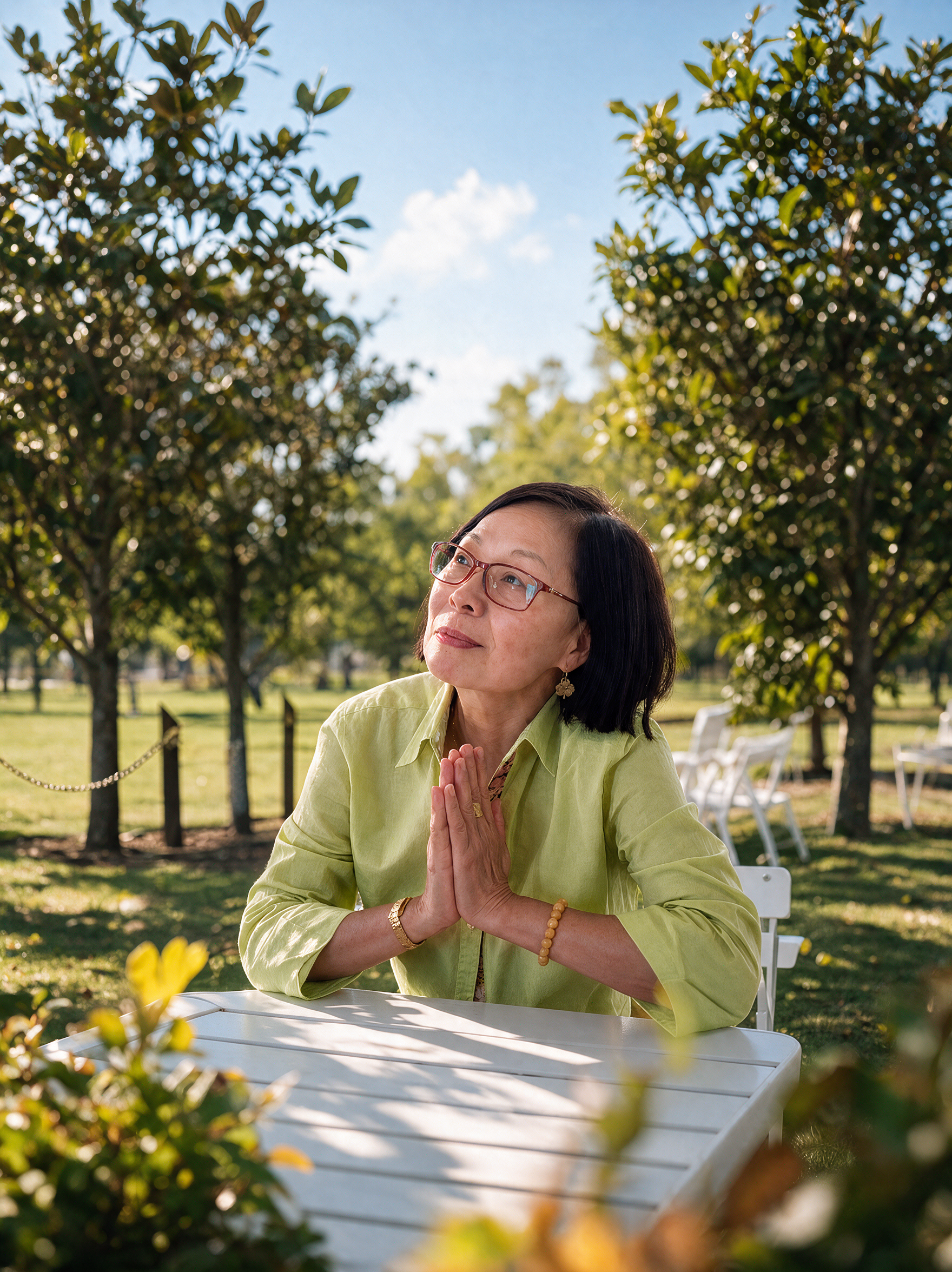 awoman sitting at an outdoor table with clasped hands, looking upward thoughtfully.