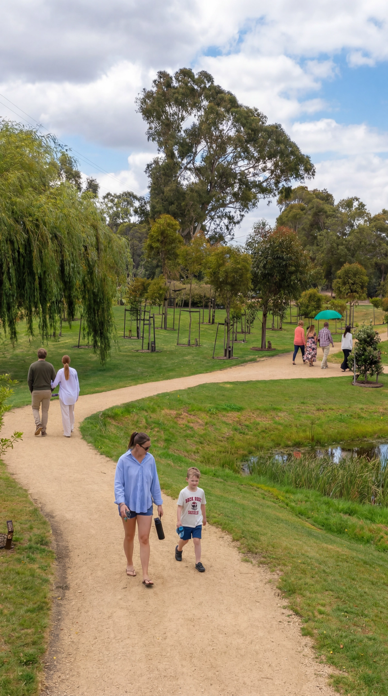 people walking on garden path