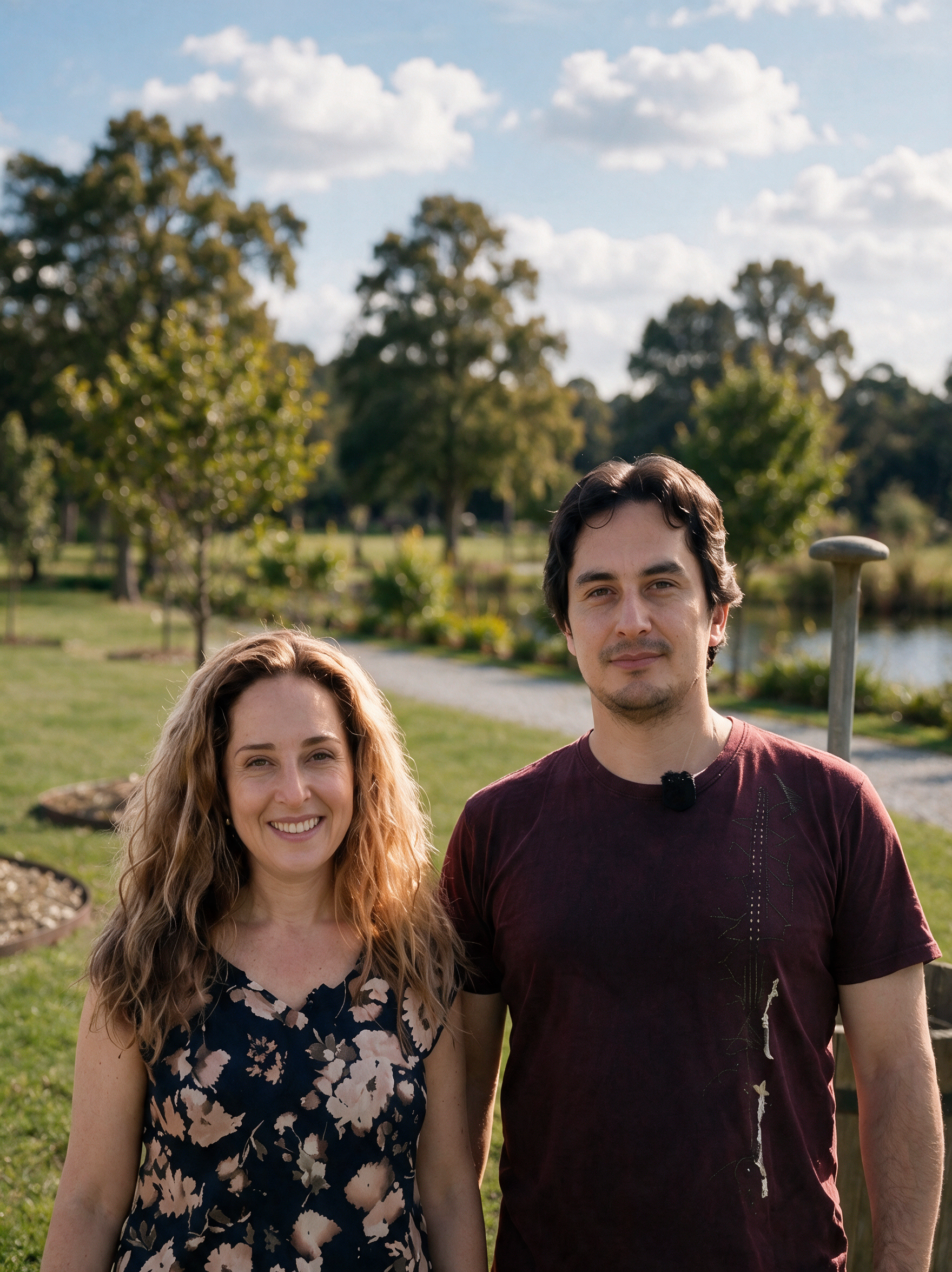 Close-up portrait of a smiling woman in a floral top and a man in a maroon shirt outdoors