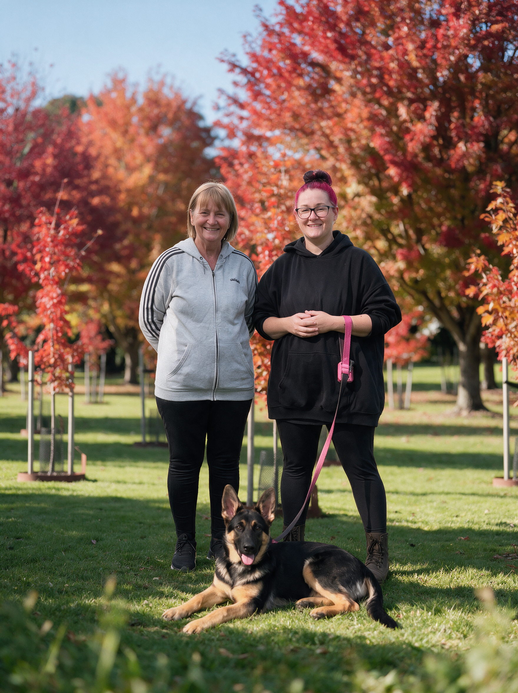 Two women standing with a German Shepherd puppy in a park with red autumn trees