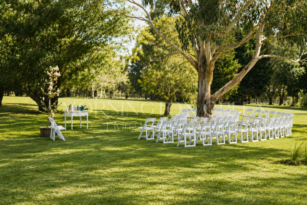 Outdoor celebration of life ceremony with white chairs