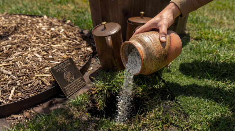 Memorial tree planting with cremated ashes in a remembrance garden.