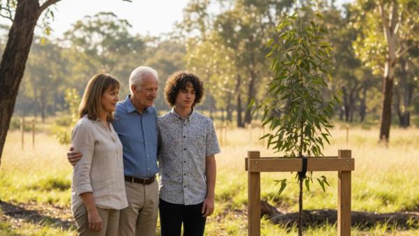 Australian family beside their Living Legacy memorial tree at Mornington Green near Melbourne