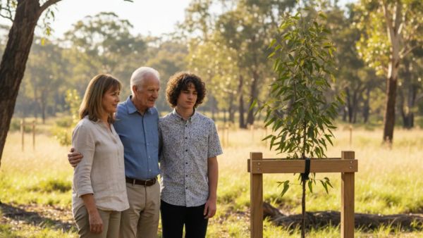 Australian family beside their Living Legacy memorial tree at Mornington Green near Melbourne