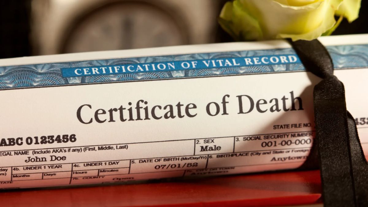 Death certificate used to register a parent's death with the state Registry of Births, Deaths and Marriages