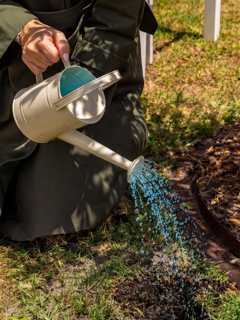 Person watering the soil around a memorial tree in a garden.