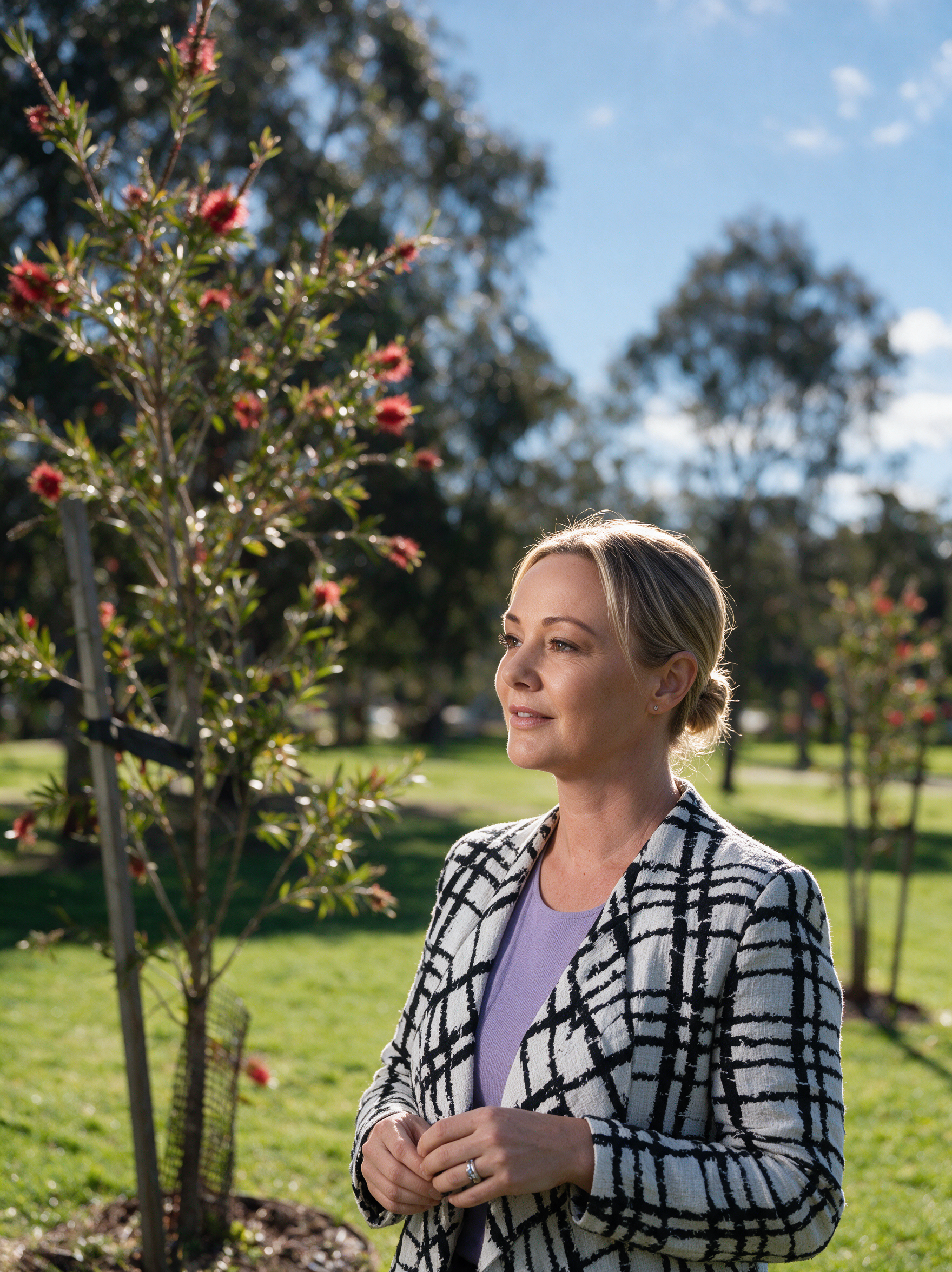 A smiling woman in a black-and-white patterned blazer outdoors in a park with red bottlebrush trees.