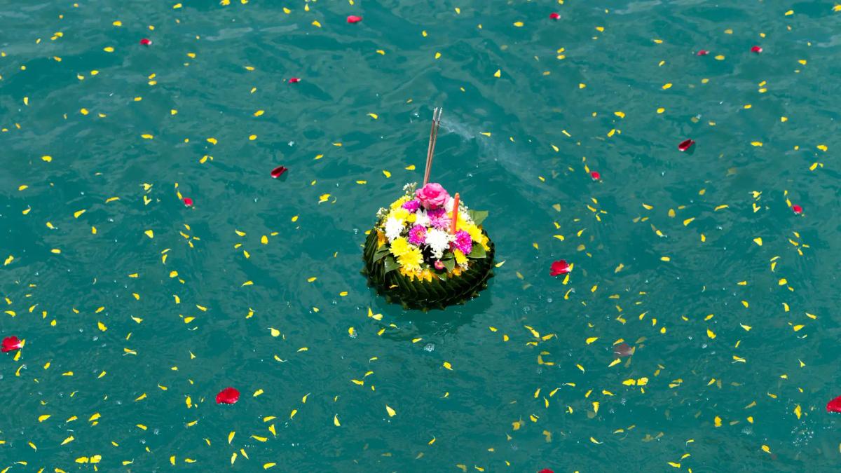 Floral tribute floating on water surrounded by scattered flower petals