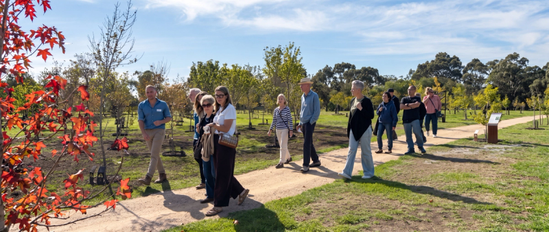 Open Day visitors walking a garden path during a memorial tree garden tour in autumn.