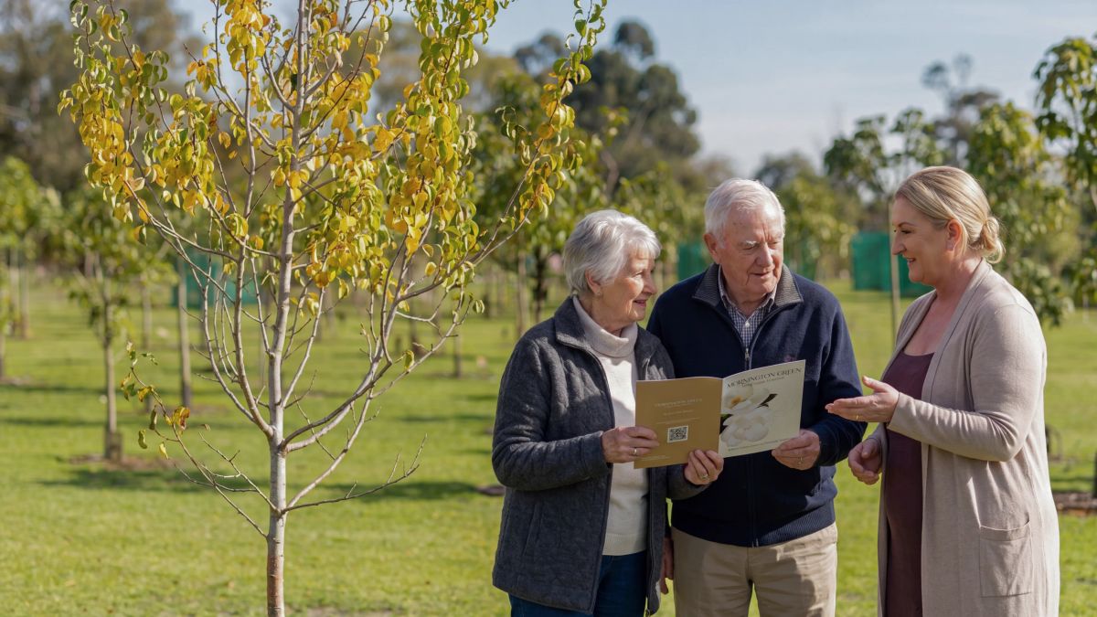 Family gathering for a celebration of life in living legacy gardens at mornington green