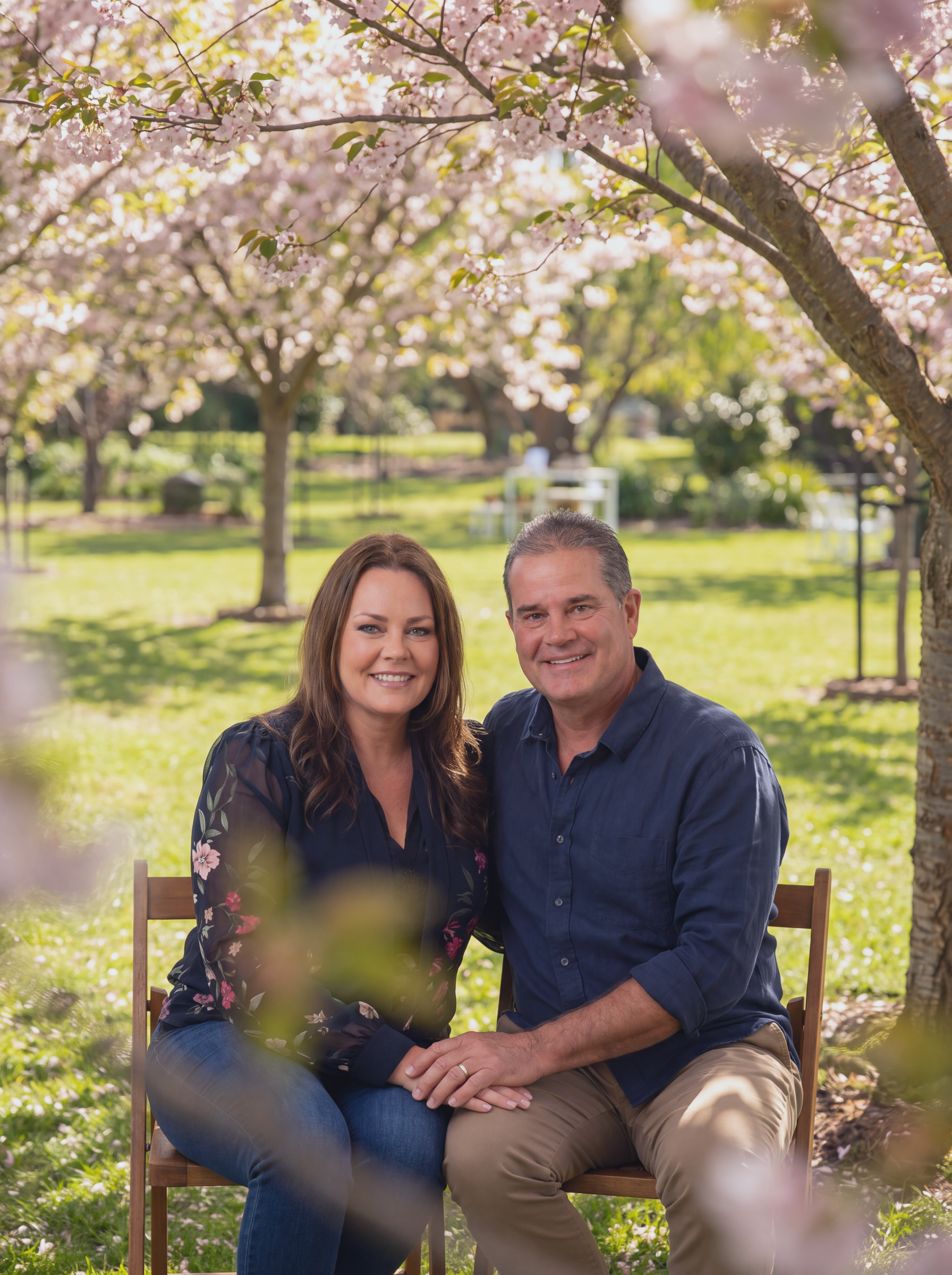 A smiling couple sitting together outdoors on a wooden bench beneath blooming cherry blossom trees.