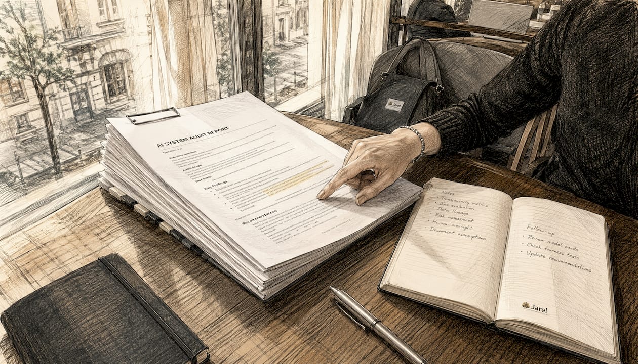 Close-up of legal AI audit documents and hand