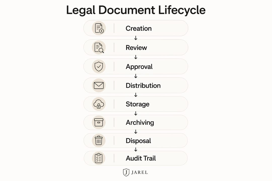 Infographic illustrating eight stages of legal document lifecycle