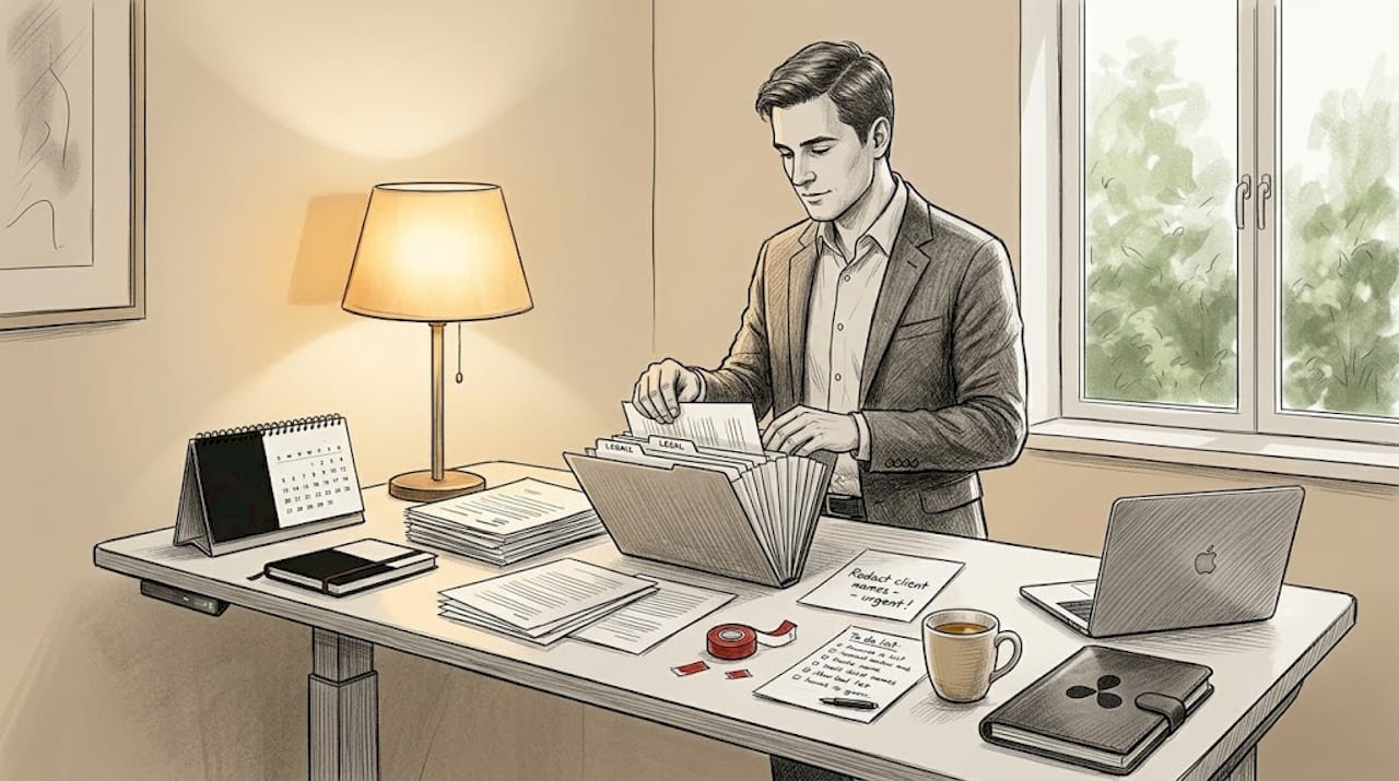 Paralegal organizing legal files at workstation