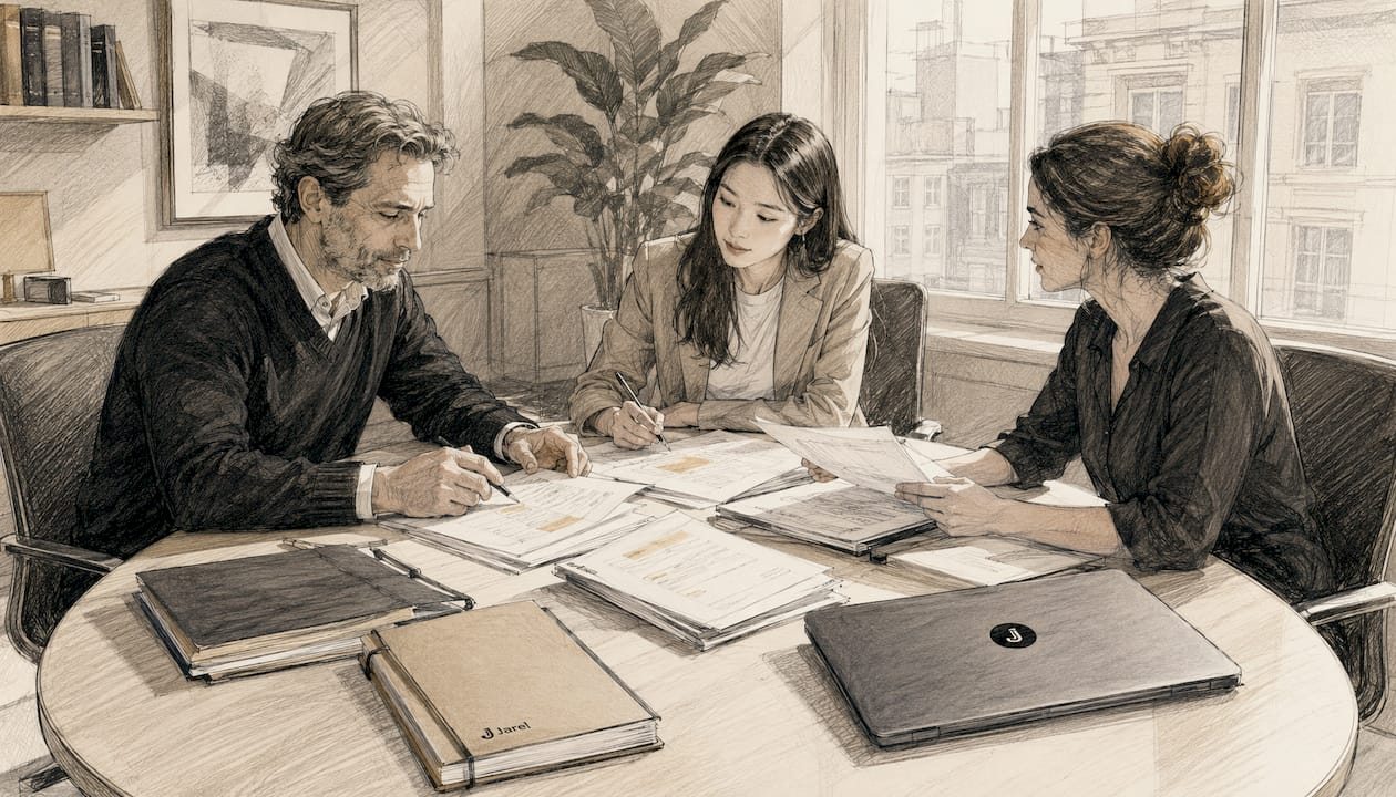 Legal team discussing contracts and research notes
