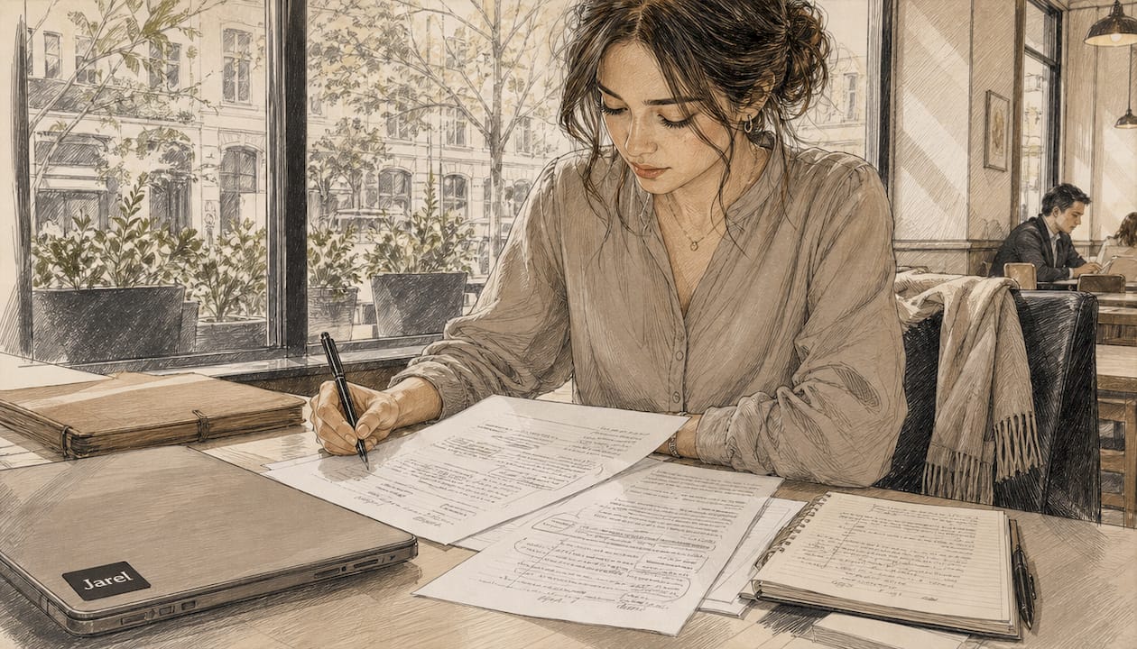 Hands making notes on AI contract review documents
