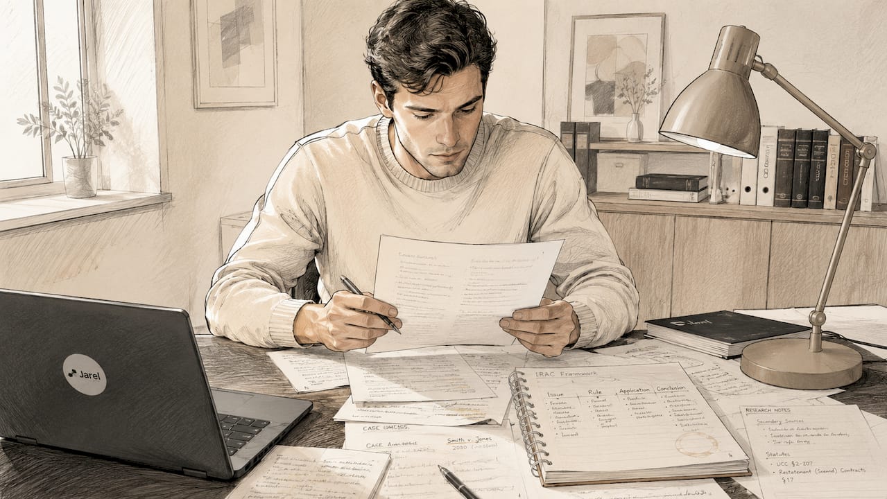Hands organizing legal analysis materials on desk