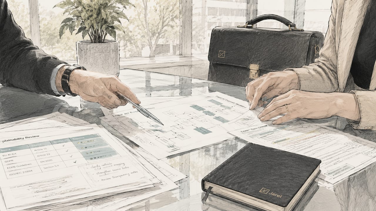 Hands discussing legal AI explainability diagrams