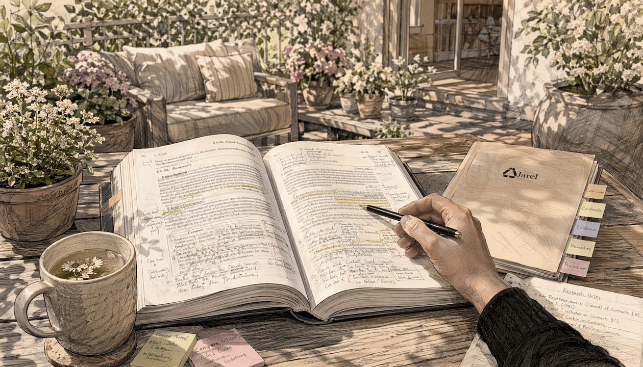 Overhead view of legal treatise and litigation research