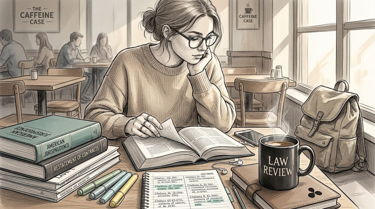 Student reviewing legal treatises and encyclopedias