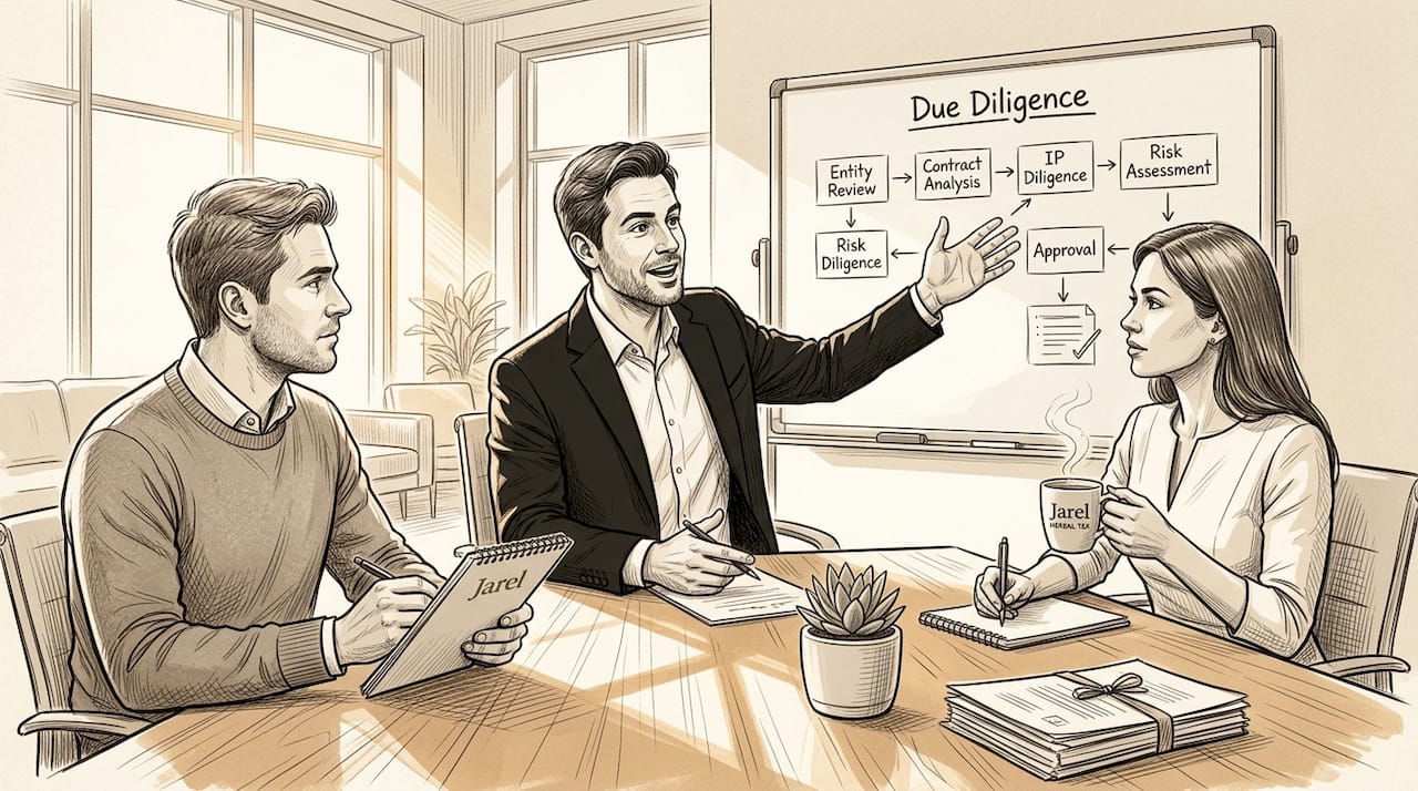 Legal team discusses due diligence findings by whiteboard
