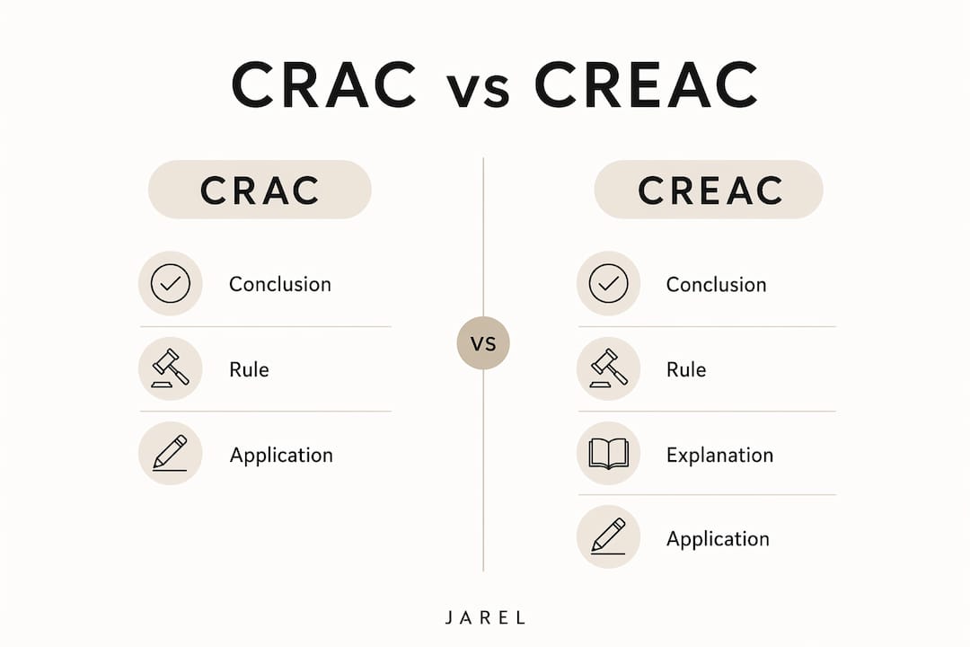 Infographic comparing CRAC and CREAC legal writing structures