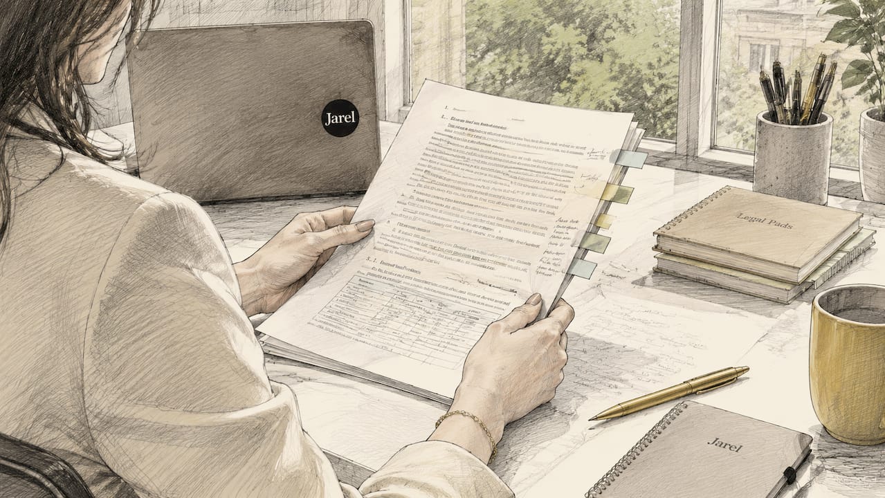 Hands reviewing printed privileged legal documents