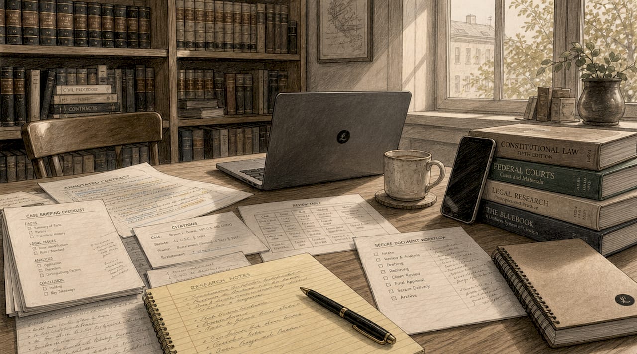 Desk with legal briefing checklist and study materials