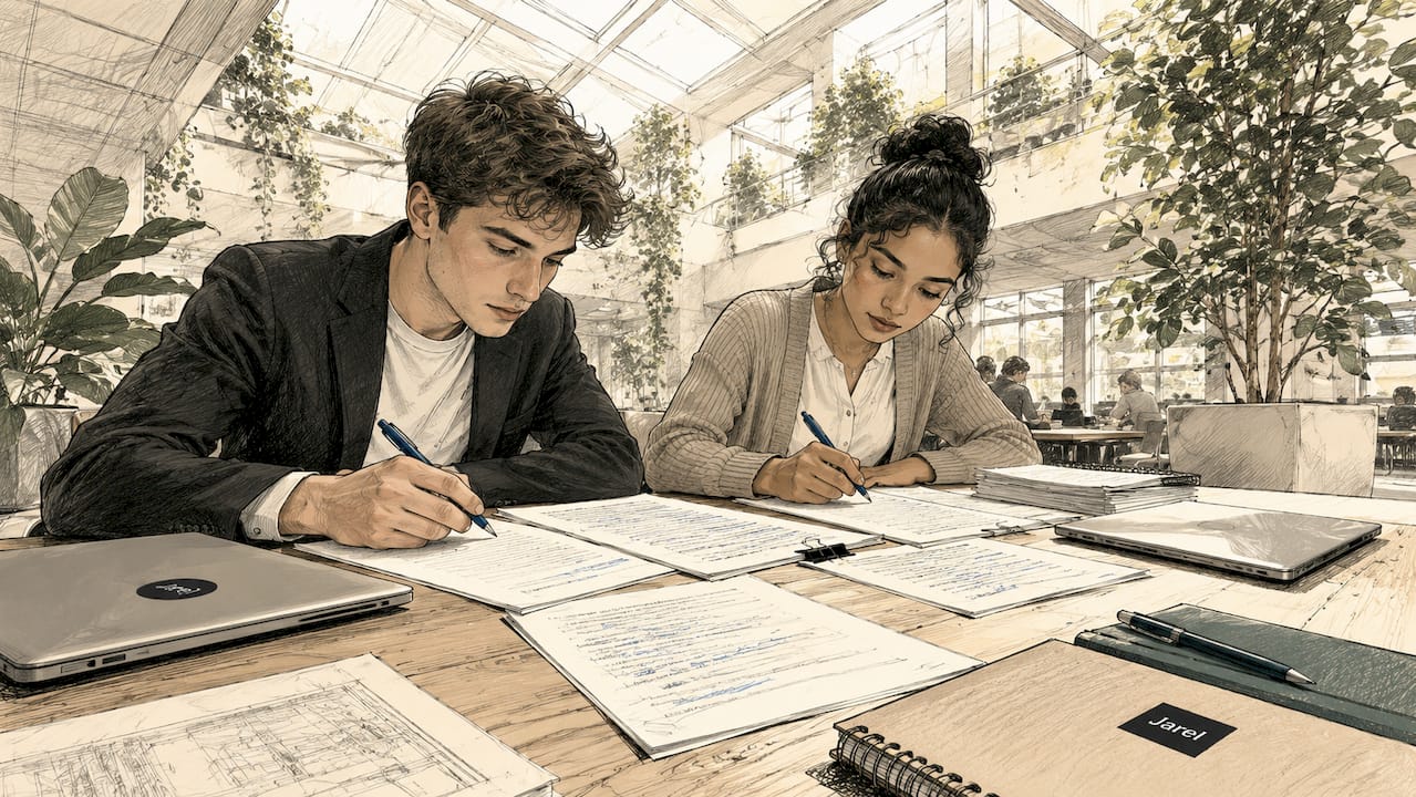 Law students collaboratively editing journal articles