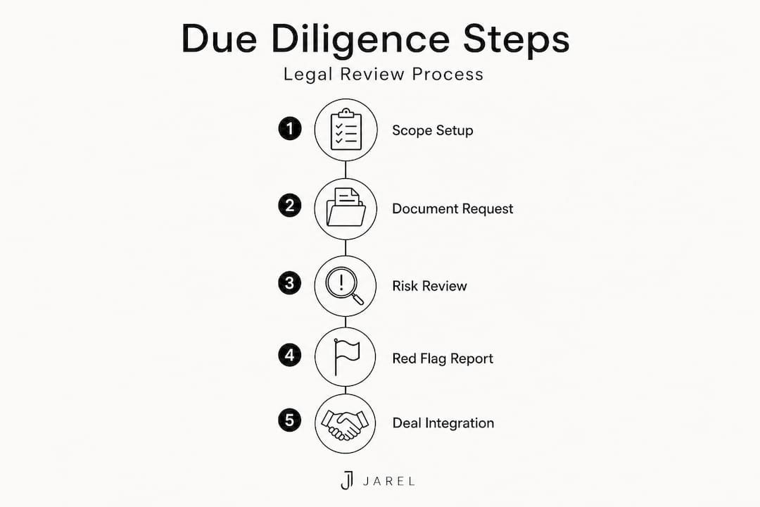 Infographic illustrating legal due diligence process steps