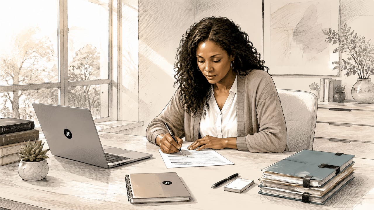 Person completing standardized legal intake form
