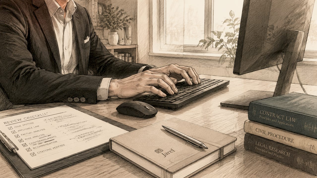 Lawyer typing at workstation with legal notes