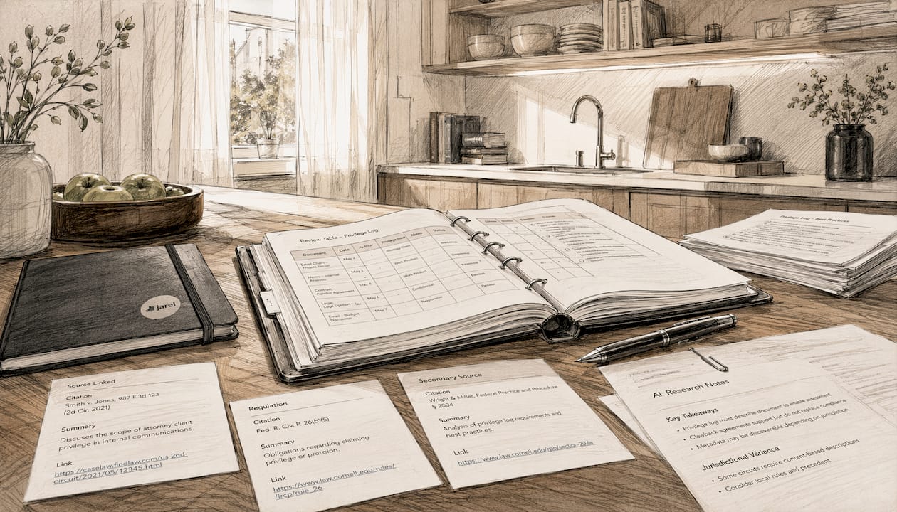 Source-cited AI legal research documents on table